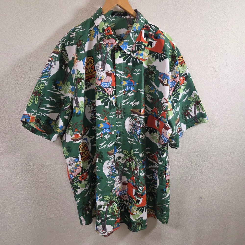 SSLR 3XL Tropical Christmas Shirt Tiki Santa Surfing Reindeer Green Short Slv